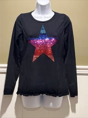 INC Black Sequin Star Sweater Women’s M Long Sleeve Knit Pullover